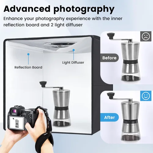 Vista 3 de Caja de Luz Portátil y Softbox, Carpa de Fotografía Profesional de 16"x16" con 120 Luces LED, Caja de Luz para Estudio Fotográfico con 6 Fondos