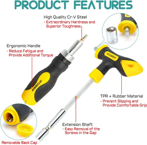Vista 2 de Juego de destornilladores de trinquete 43 en 1 R'deer T-handle multifunción tuerca driver socket manual kit de herramientas de reparación