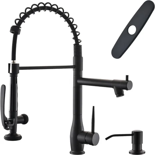 Vista 9 de GIMILI Grifo de cocina negro y dorado con rociador desplegable Grifo de fregadero de cocina de alta presión de una sola manija Grifos de cocina
