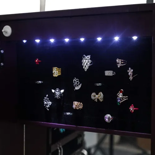 Vista 5 de Karl home Gabinete de joyería con 8 luces LED, organizador de almacenamiento de pared y puerta con cerradura de 42.5 pulgadas de alto con espejo