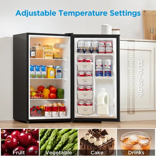 Vista 3 de Midea MERM33S1AST - Mini nevera compacta de 3.3 pies cúbicos con luz interna, termostato ajustable, puerta reversible, bajo ruido para dormitorio