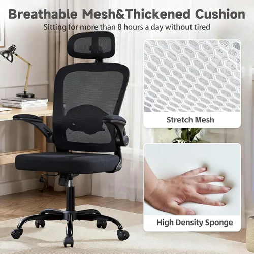 Vista 6 de Silla de oficina ergonómica con soporte lumbar ajustable, silla de escritorio de oficina con reposacabezas ajustable, malla transpirable, cojín