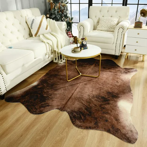 Vista 28 de Easycozy Alfombra de piel de vaca sintética con gran estampado de vaca, 3 x 4 pies, alfombra gruesa y elástica para dormitorio, sala de estar