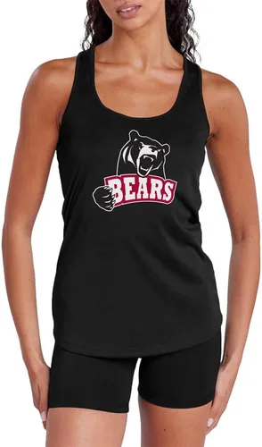 Vista 360 de Camiseta deportiva sin mangas oficial de NCAA Collegiate para mujer, con espalda cruzada, colección con logotipo primario