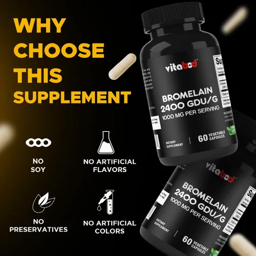 Vista 4 de Vitabod Suplemento de bromelina de 1000 mg por porción, 2400 GDU/g, enzimas proteolíticas, apoya la digestión de proteínas, 60 unidades, sin OMG