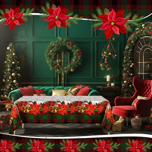 Vista 5 de Peryiter 2 piezas de mantel de plástico de Navidad alegre, 54 x 108 pulgadas, rojo de invierno, flor, loro, desechable, para decoración de fiesta