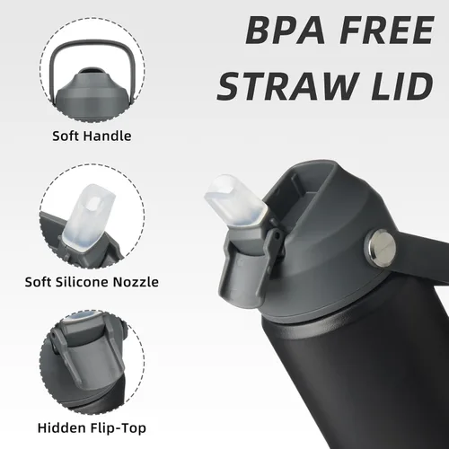 Vista 2 de BJPKPK - Botella de agua aislada con tapa de popote, 532 ml Botellas termo con boquilla suave, asa flexible y base antideslizante, libre de BPA, a