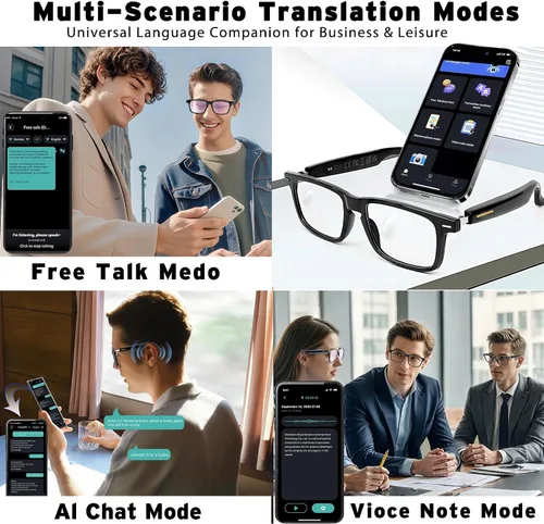 Vista 4 de Gafas inteligentes de traducción AI con Chat GPT, Bluetooth 5.3 para hombres y mujeres con 150 idiomas y acentos, IP67, lentes de cambio
