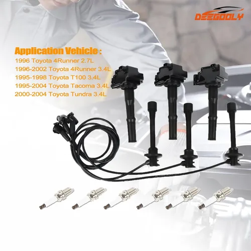 Vista 4 de Paquete de 3 bobinas de encendido UF156 y 6 bujías de iridio y 3 cables de bujía compatibles con Toyota 4Runner T100 Tacoma Tundra 1995-2004 3.4L