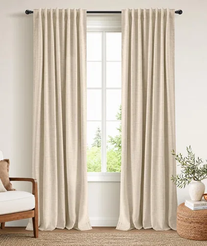 Vista 9 de INOVADAY Cortinas 100% opacas de 63 pulgadas de largo, juego de 2 paneles de lino con pestaña trasera, bolsillo para barra, cortinas opacas