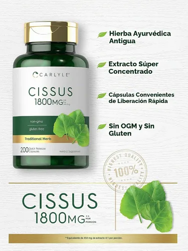 Vista 3 de Carlyle Cissus Quadrangularis 200 Cápsulas Suplemento de extracto de hierbas tradicionales Fórmula sin OMG y sin gluten
