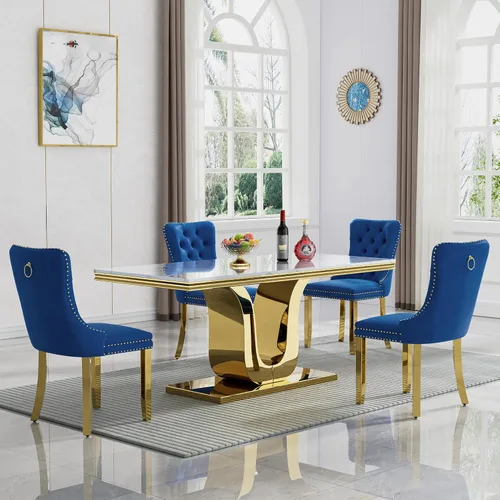 Vista 39 de Juego de 4 mesas de comedor blancas y doradas, mesa de cocina rectangular de 68 pulgadas con parte superior de mármol sintético blanco, mesa de Mesa
