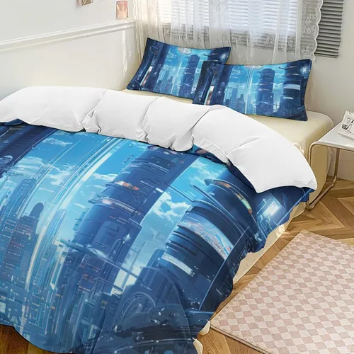 Vista 9 de Art Duvet Cover Full Size, Ultra Soft Microfiber Night Scenery Bedding Set, 3 Pieces City View Pattern Comforter Cover Set with Zipper Closure