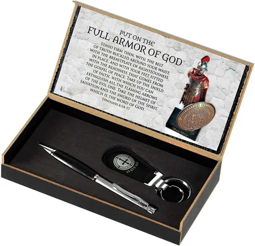 Vista 5 de Dicksons Full Armor of God - 2 cajas de presentación inspiradoras, 2 bolígrafos retráctiles de escritura con tinta negra y 2 llaveros, juego
