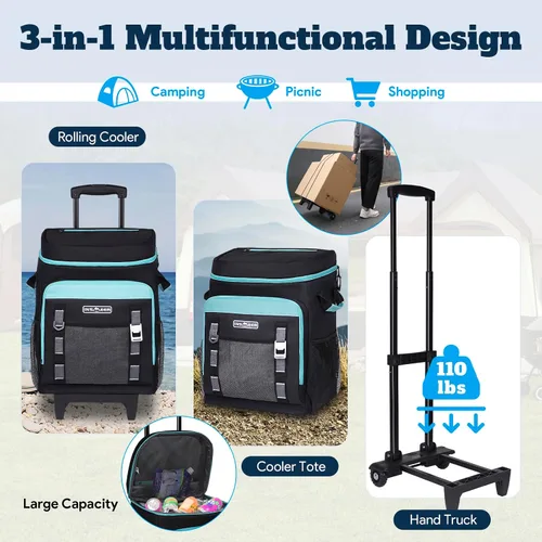 Vista 2 de INSMEER Cooler with Wheels and Handle, 80 Cans/50L Rolling Cooler, Portable Soft Sided Cooler with Wheel, 2-in-1 Collapsible Trolley Cart, Large
