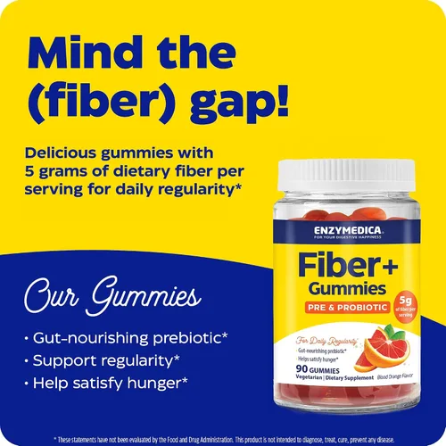 Vista 3 de Enzymedica Fiber+ Gomitas prebióticas y probióticas para mujeres y hombres, 90 unidades Gut Health & Digestive Support, 5g Fiber & 50mg Bacillus