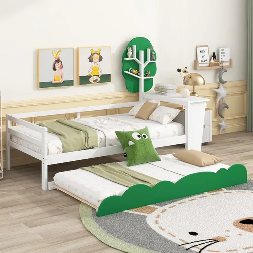 Vista 11 de Anwick Base de cama individual con escritorio y nido, sofá cama de madera con escritorio y estantes en forma de árbol verde, cama de plataforma