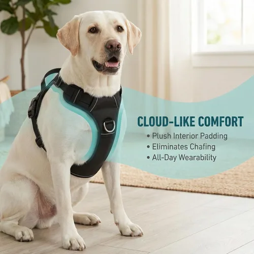 Vista 2 de Arnés sin tirones para perro, con 2 clips para correa, chaleco Oxford reflectante ajustable para mascotas con asa de fácil control para perros Negro