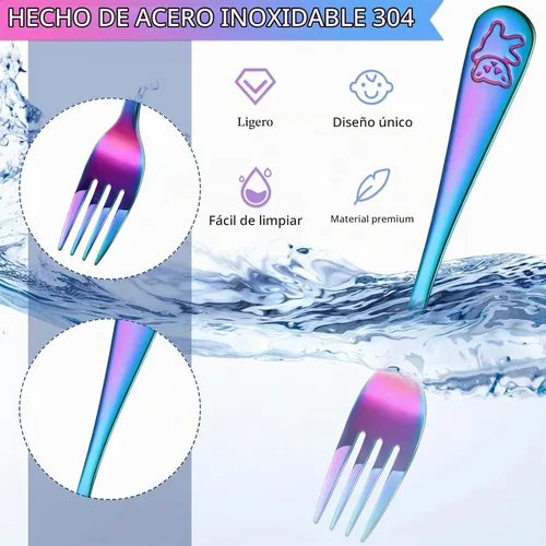 Vista 3 de Minatee Juego de cubiertos de 6 tenedores de arco iris para niños pequeños, cubiertos pequeños de grado alimenticio, cubiertos de acero inoxidable