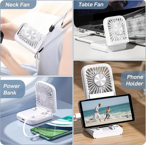 Vista 5 de Mini ventilador portátil, ventilador de mano mejorado 5 en 1 plegable, ventilador de cuello, ventilador de escritorio, banco de energía de 3000 mAh