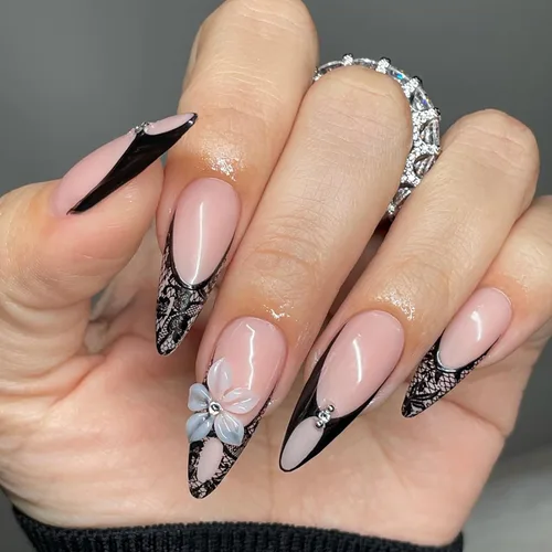 Vista 23 de MISUD Uñas a presión largas Stiletto con pegamento de plata cromada, diseño de cadena gótica Y2K acrílica 24 piezas