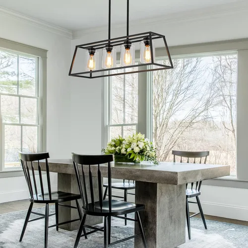 Vista 3 de Candelabros negros de granja para comedor, lámpara rústica de isla de cocina, lámpara colgante lineal de 4 luces, isla de cocina con pantalla