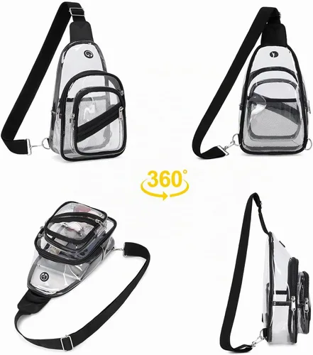 Vista 8 de Bolsa transparente para eventos en estadios, mochila transparente para mujer, impermeable, de PVC, cangurera cruzada para conciertos