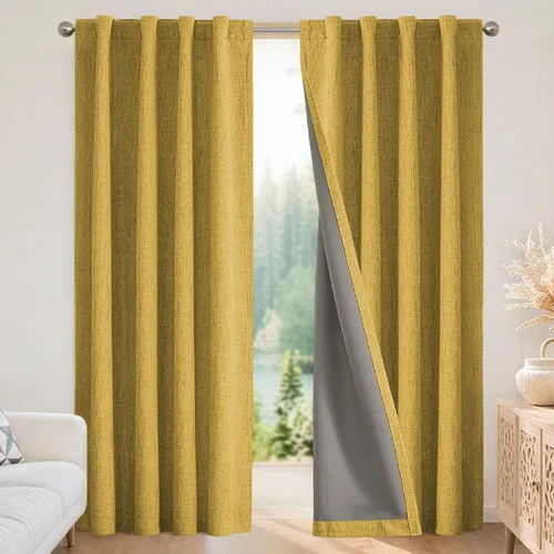 Vista 10 de Joydeco - Cortinas 100% opacas, 2 paneles de lino natural para oscurecer habitación, aislamiento térmico, trabillas traseras y bolsillo para barra