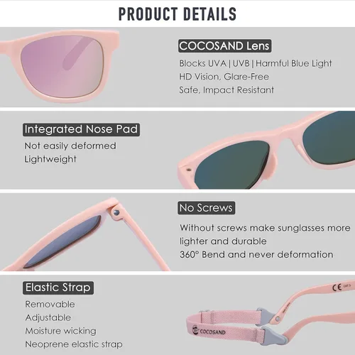 Vista 5 de COCOSAND Gafas de sol para bebé con correa polarizadas, flexibles, cuadradas, UV400 para niños y niñas de 0 a 24 meses