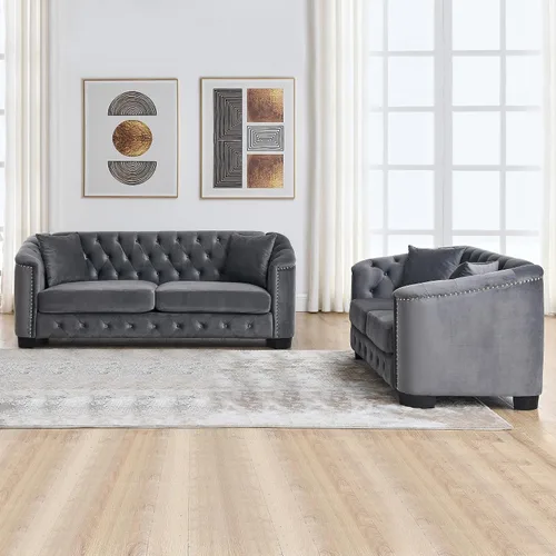Vista 7 de Juego de sofá de terciopelo Chesterfield de lujo de 2 piezas para sala de estar, muebles de decoración moderna, sofá seccional, sofá de 3 plazas