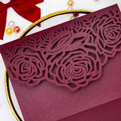 Vista 7 de Tarjeta de invitación de corte láser, tarjeta de felicitación, fiesta de graduación, rosa, flores, boda, fiesta de cumpleaños, invitaciones, Borgoña