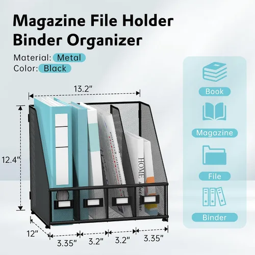 Vista 3 de SUPEASY Organizador de escritorio para revistas, soporte de carpetas de metal con 4 compartimentos de estante, organizador de archivos para oficina