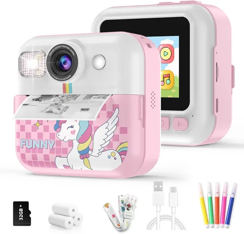 Vista 10 de Cámara para Niños Varones, Cámara de Juguete Portátil de Impresión Azul para Niños Pequeños 1080P Cámaras de Video Niños Cámara de Impresión
