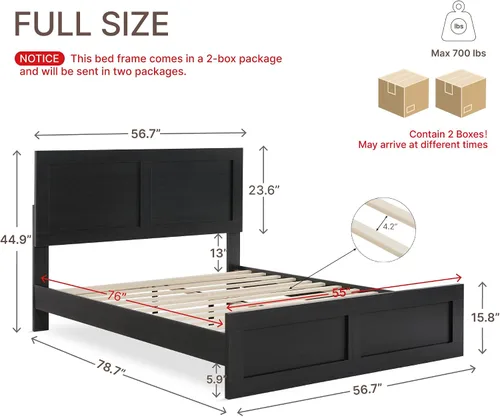 Vista 3 de KISLOT - Marco de cama de madera tamaño matrimonial con cabecera y estribo, base de colchón de plataforma de madera, muebles de dormitorio