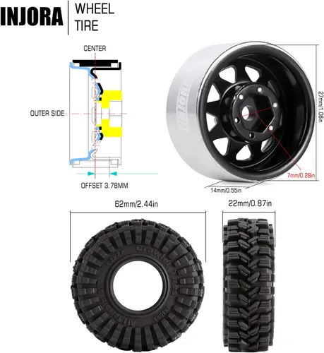 Vista 4 de Juego de ruedas Beadlock de 1.0 - 3.78 mm de desplazamiento para coche de oruga RC 1/18 1/24 Axial AX24 SCX24 FMS FCX24 TRX4M, Negro (W1004-T1014)