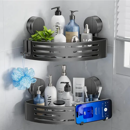 Vista 11 de Organizador de ducha esquinero, con ventosa y ganchos, organizador de baño de aluminio inoxidable sin perforaciones, estantes para decoración