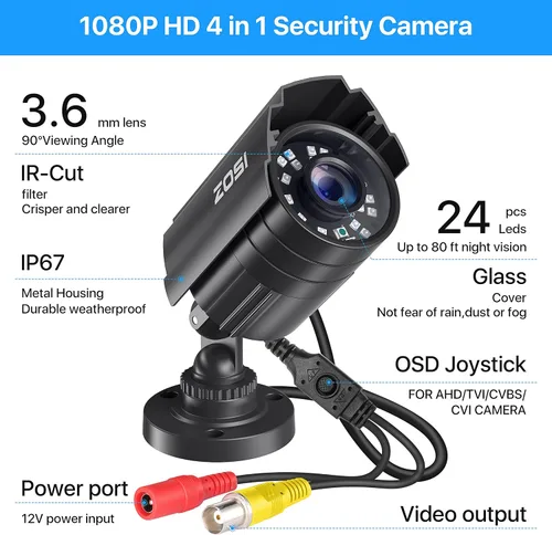 Vista 2 de ZOSI - Cámara de seguridad híbrida tipo bala 4 en 1 TVI/CVI/AHD/960H CVBS de 2.0MP, 1080P HD, 1920TVL para exteriores en interiores