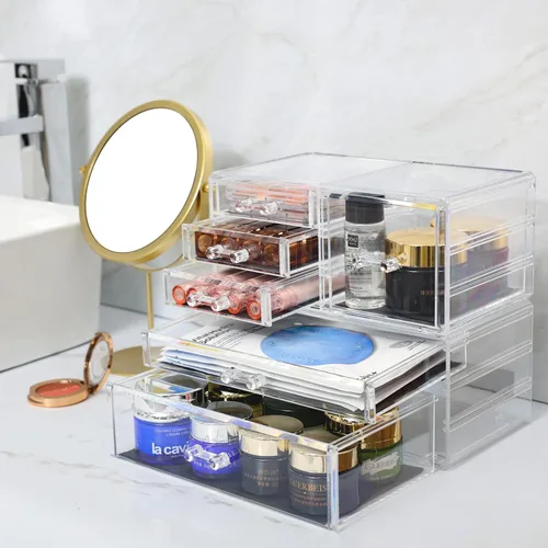 Vista 8 de Cq acrylic Paquete de 2 organizadores de escritorio transparentes con cajones, organizador apilable de 6 cajones para el cuidado de la piel, lindos