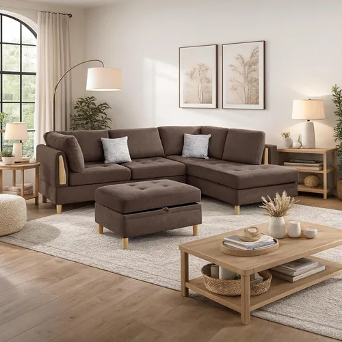 Vista 6 de Benjara Cato - Juego de sofá seccional en forma de L de 3 piezas con otomana y 2 almohadas, color marrón