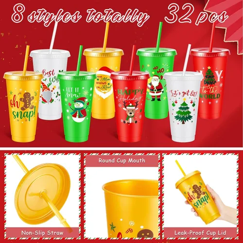 Vista 3 de 32 vasos de plástico de Navidad con tapas y pajitas de 24 onzas, reutilizables, para fiestas de Navidad, vasos de plástico para suministros