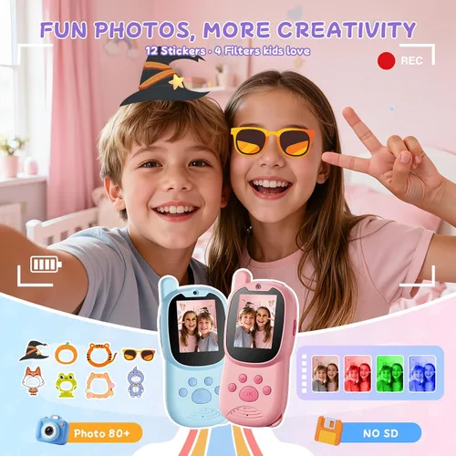 Vista 5 de Walkie Talkies de video para niños con cámara y video chat, largo alcance 1000 pies, recargable, Walkie Talkie para niños con filtros de calcomanías