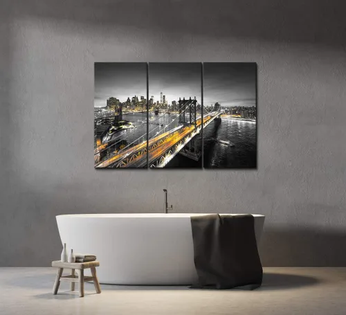 Vista 5 de SkenoArt 3 piezas de impresiones en lienzo con vista nocturna de Nueva York, imagen de paisaje urbano de Manhattan, arte de pared de puente