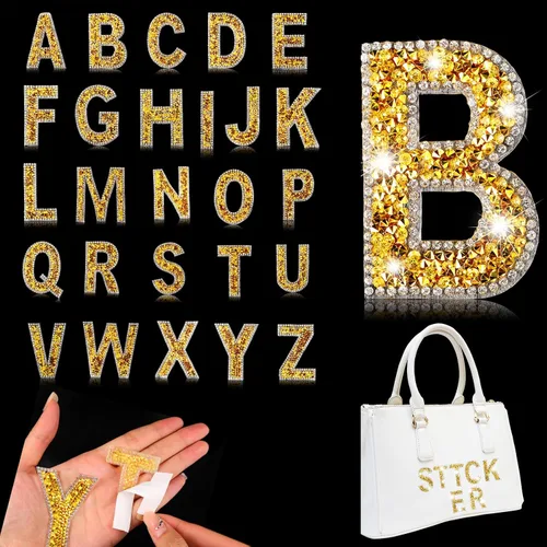 Vista 16 de Yinder 26 piezas de pegatinas de letras con purpurina y diamantes de imitación, diamantes de imitación para planchar, letras autoadhesivas A-Z Negro