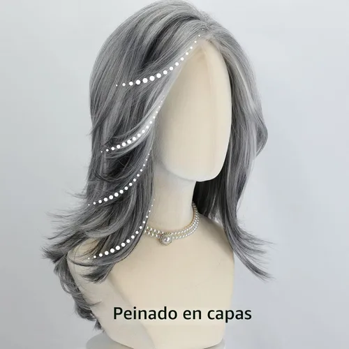 Vista 6 de Fencca Pelucas de color gris plateado para mujeres blancas, peluca ondulada en capas, peluca de sal y pimienta de longitud media con reflejos