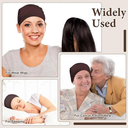 Vista 5 de Janmercy 4 Pcs Bamboo Wig Caps for Women Fiber Wig Liner Bald Caps Elastic Breathable Sleep Cap for Hair Loss Chemotherapy Marrón oscuro