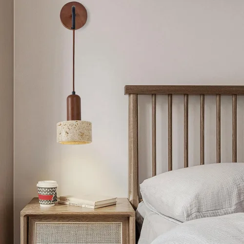 Vista 3 de Juego de 2 lámparas de pared de piedra de altura ajustable, aplique de pared de travertino E26, lámpara de pared para dormitorio, sala de estar