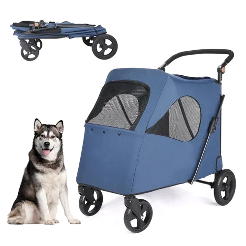 Vista 8 de Timati Cochecito grande de 4 ruedas para perros, cochecito plegable para mascotas, asa ajustable, entrada de cremallera, cochecito de malla