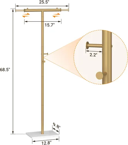 Vista 10 de ELYKEN Perchero independiente con base de mármol natural, ancho ajustable en forma de T, árbol de metal con 2 ganchos, moderno perchero