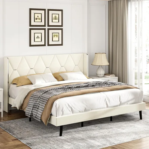 Vista 3 de GAOMON Base de cama Queen, plataforma de terciopelo con cabecera con respaldo de ala, marco de cama tapizado, soporte de listones de madera maciza