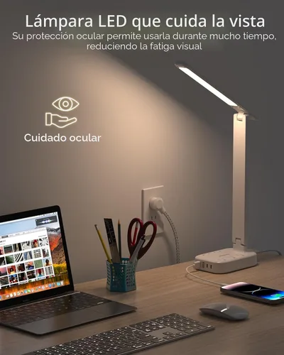 Vista 7 de One Beat lámpara de escritorio LED pequeña con extensión de 5 pies, tira de corriente con 3 tomas de corriente, 4 puertos USB (2 USB C), 4 modos, 5